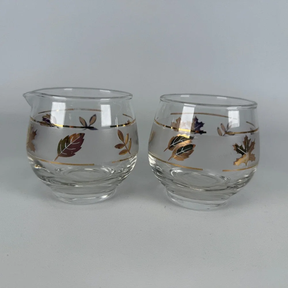 Vintage Libbey Golden Foliage Glass Cream and Sugar Set Mid Century Modern Gold